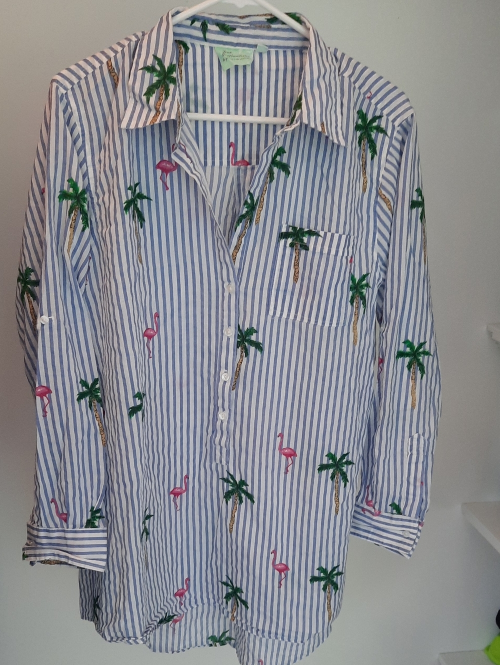 True Destinations Button-Down Stripe Shirt  Flamingo & Palm Motif - Blue/White L